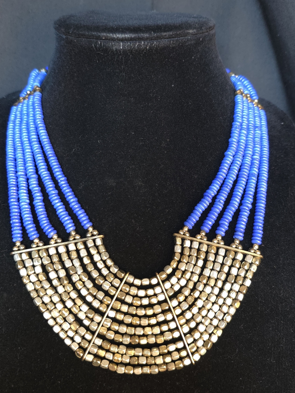 Vintage Blue and Gold Beaded Multi-Strand Necklace